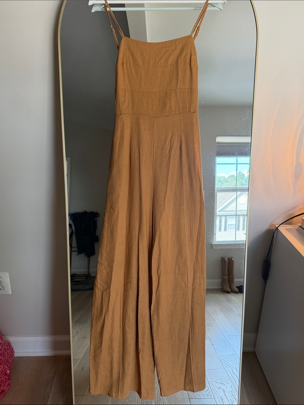 Francesca's Collections Camel Brown Spaghetti-Strap Wide-Leg Jumpsuit